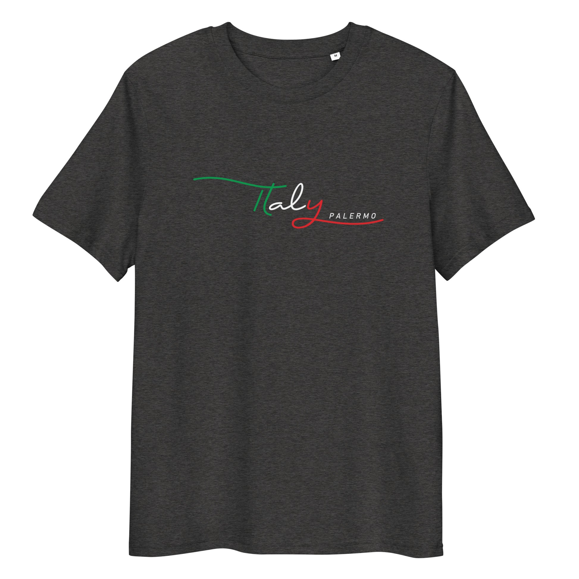 Unisex-T-Shirt aus 100 % Bio-Baumwolle mit dem Schriftzug „Italy“ in stilisierter Schrift in den Farben der italienischen Flagge (Grün, Weiß, Rot) und „PALERMO“ in weißen Großbuchstaben mit rotem Unterstrich; Design mittig auf der Brust.
