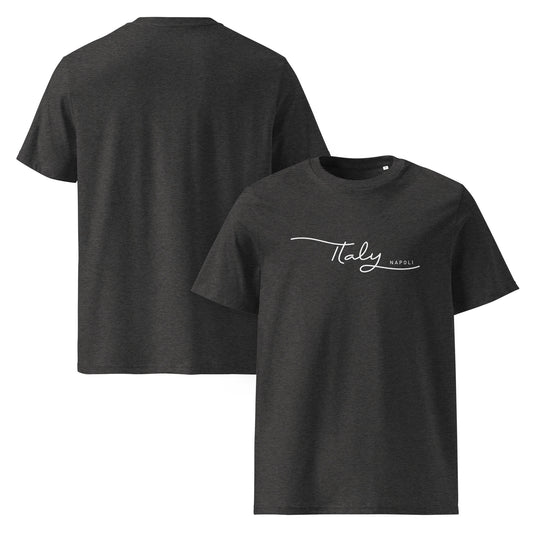 „Unisex-T-Shirt aus Bio-Baumwolle in Dunklem Heather Grau mit weißem Print ‚Italy Napoli‘, klassischer Rundhalsausschnitt.“