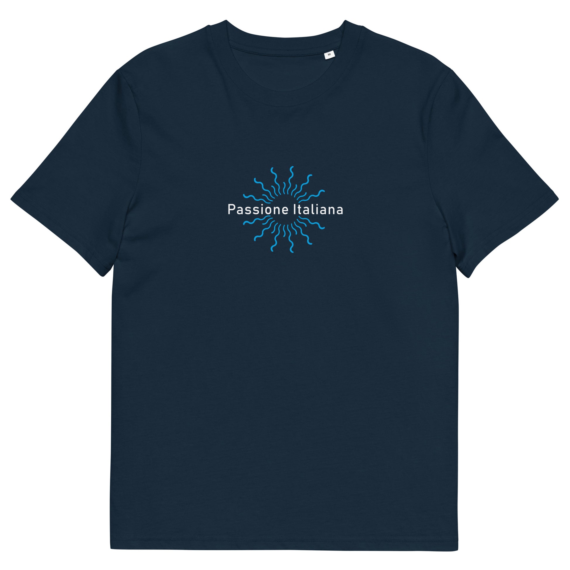 Navy Unisex-T-Shirt aus 100 % Bio-Baumwolle mit weißem „Passione Italiana“-Schriftzug und strahlenförmigem Sonnenmotiv auf der Brust; klassischer Rundhalsausschnitt, nachhaltige Streetwear mit mediterranem Flair.