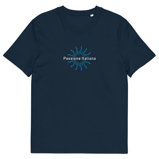 Navy Unisex-T-Shirt aus 100 % Bio-Baumwolle mit weißem „Passione Italiana“-Schriftzug und strahlenförmigem Sonnenmotiv auf der Brust; klassischer Rundhalsausschnitt, nachhaltige Streetwear mit mediterranem Flair.