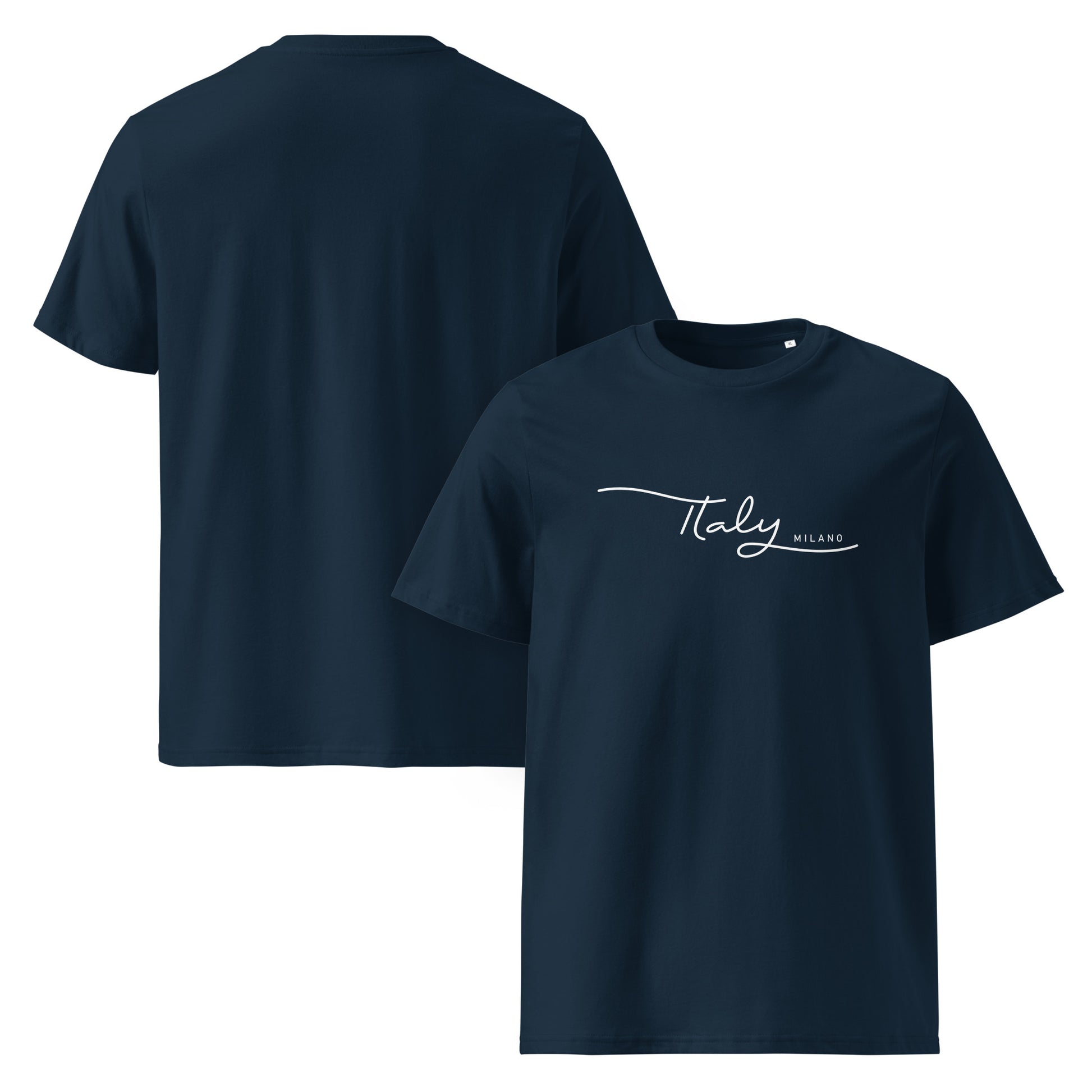 Unisex-T-Shirt aus 100 % Bio-Baumwolle, flach fotografiert mit weißem Frontprint, minimalistisches Design Italy Milano