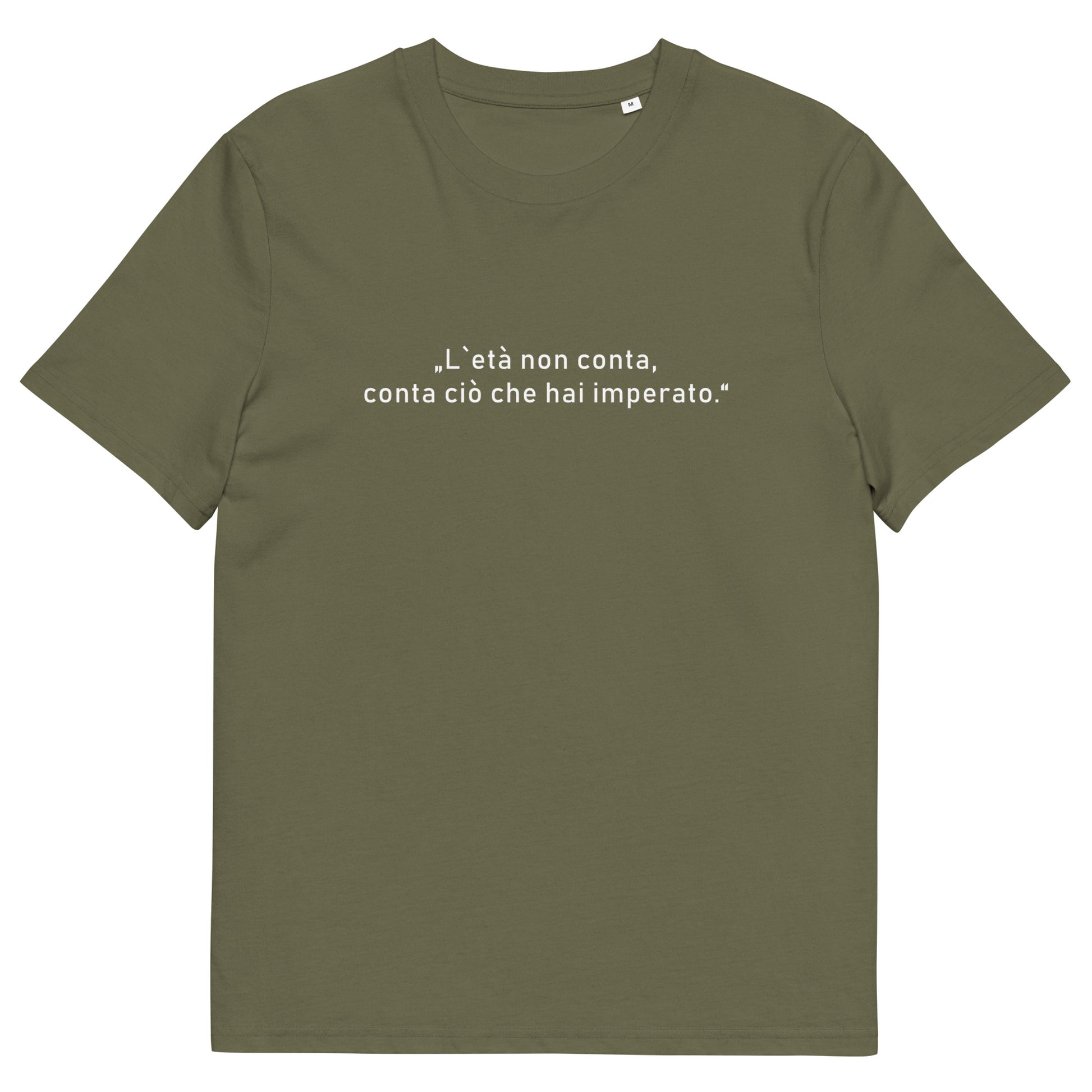 Unisex T-Shirt „L’età“ aus 100 % Bio-Baumwolle - minimalistisches Design mit italienischem Zitat über das Alter, nachhaltig produziert, Teil der Kollektion „Amore d’Oro“ von Passione Italiana.