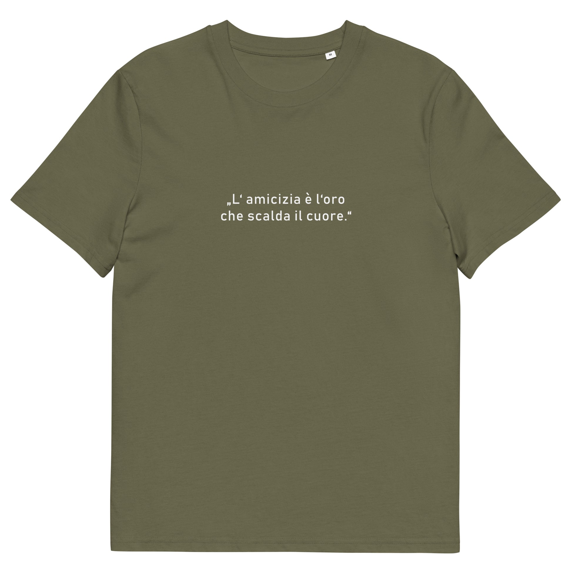Unisex-T-Shirt aus 100 % Bio-Baumwolle mit dem goldfarbenen Schriftzug „Freundschaft ist das Gold, das das Herz erwärmt“ auf der Brust; schlichtes Design, nachhaltiges Material, geeignet für Damen und Herren.