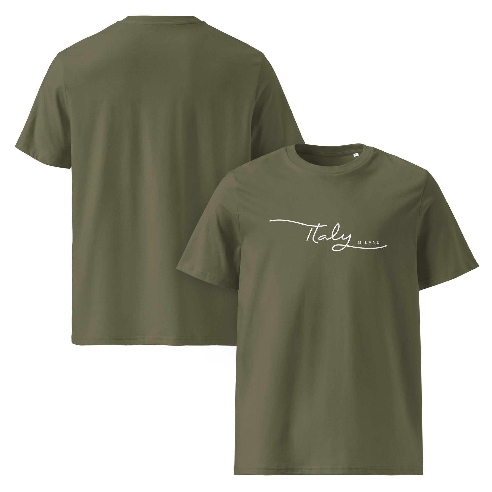 Unisex-T-Shirt aus 100 % Bio-Baumwolle , flach fotografiert mit weißem Frontprint, minimalistisches Design Italy Milano