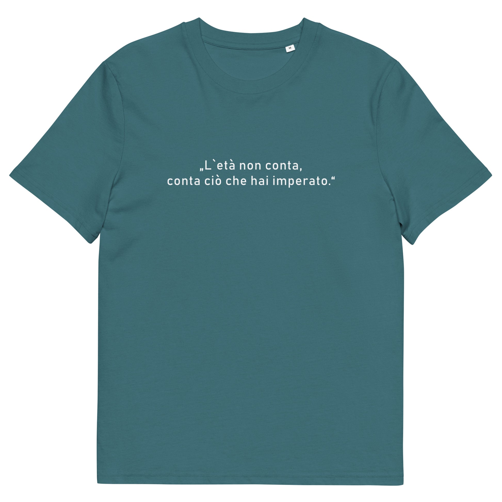 Unisex T-Shirt „L’età“ aus 100 % Bio-Baumwolle - minimalistisches Design mit italienischem Zitat über das Alter, nachhaltig produziert, Teil der Kollektion „Amore d’Oro“ von Passione Italiana.