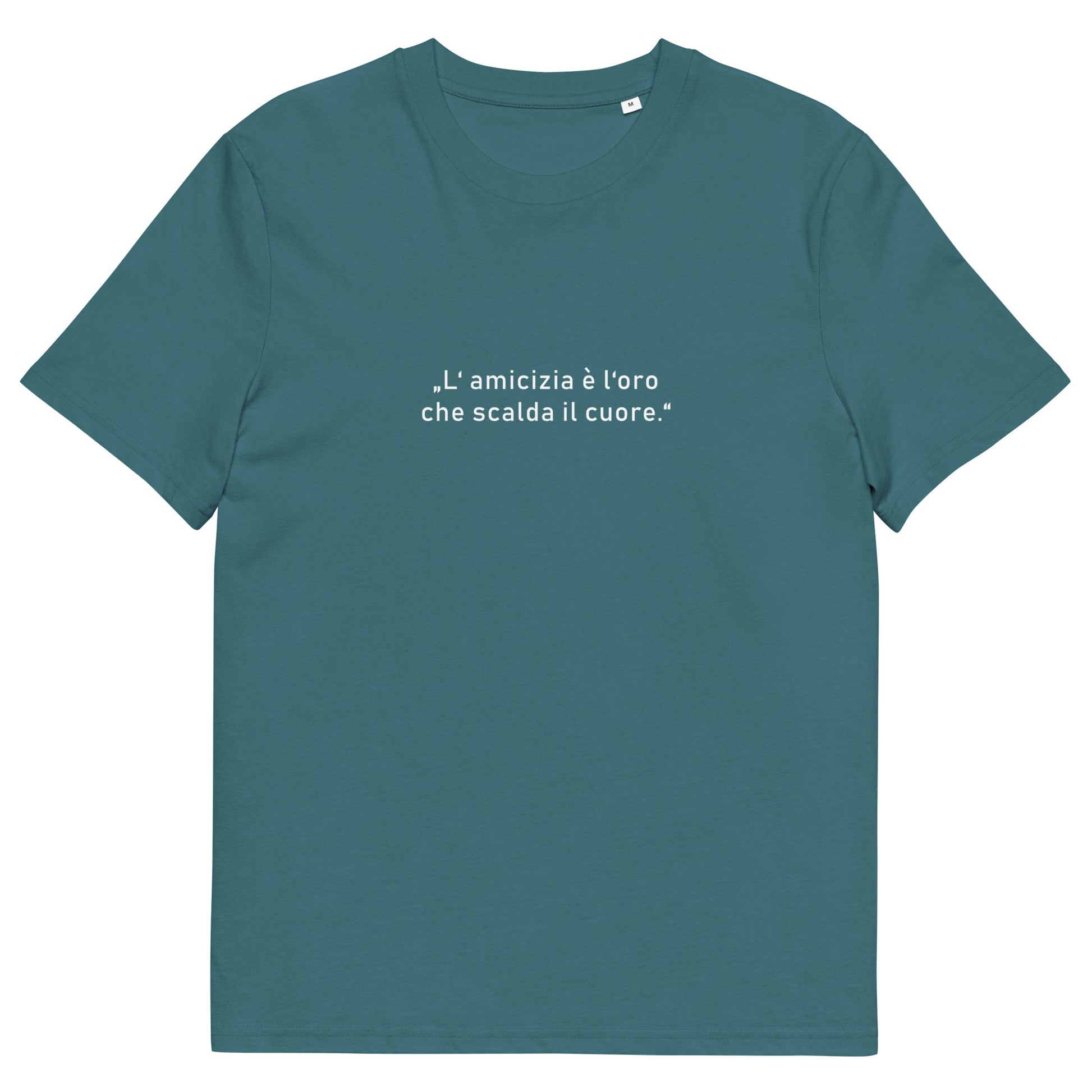 Unisex-T-Shirt aus 100 % Bio-Baumwolle mit dem goldfarbenen Schriftzug „Freundschaft ist das Gold, das das Herz erwärmt“ auf der Brust; schlichtes Design, nachhaltiges Material, geeignet für Damen und Herren.