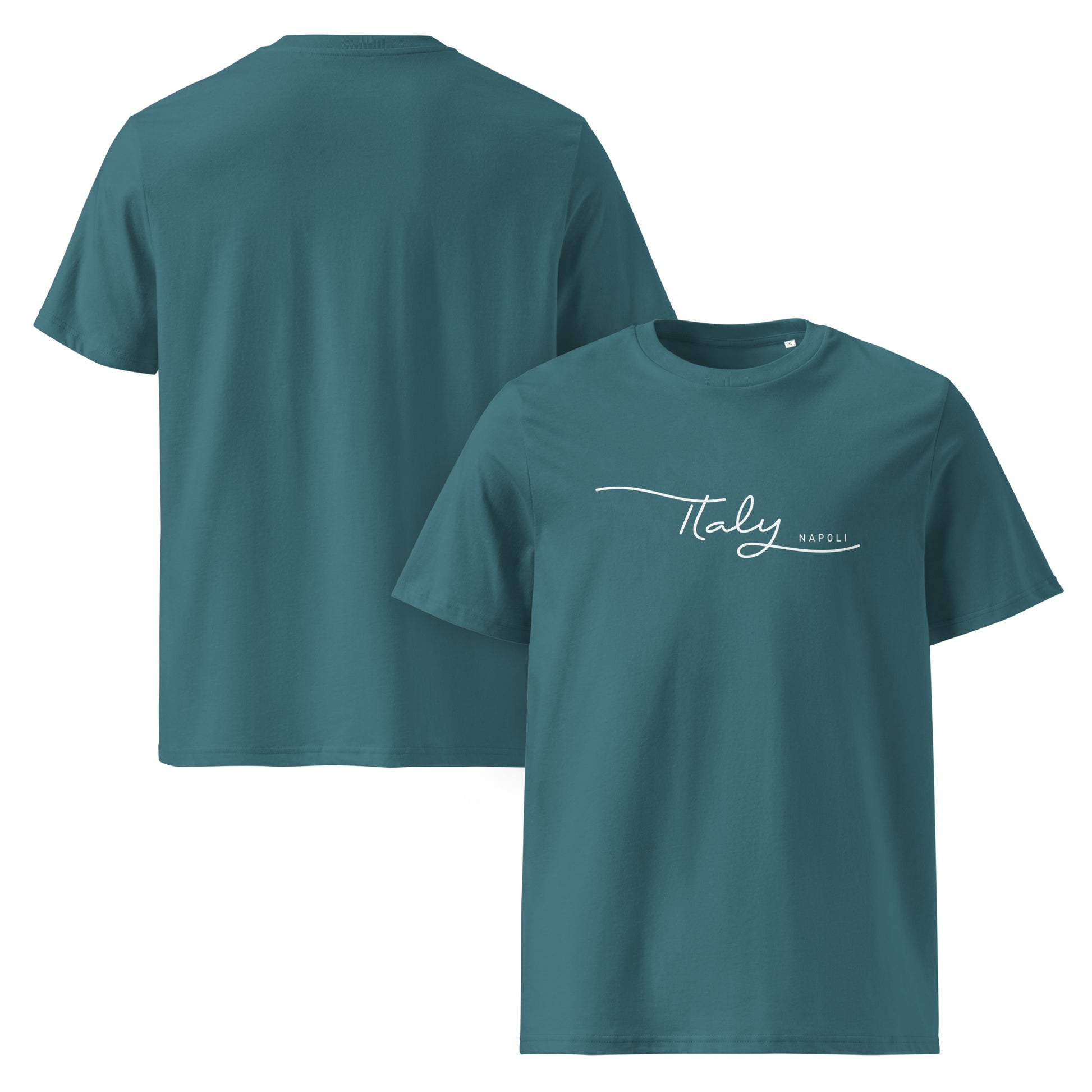  Bio-T-Shirt mit weißem Schriftzug ‚Italy Napoli‘, Unisex-Passform, flach fotografiert.“