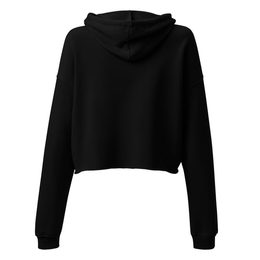 Rückenansicht Schwarzer Damen-Crop-Hoodie mit Kapuze und langem Arm; Frontprint „Passione Italiana“ mit stilisiertem Herzmotiv in Weiß. Modisches Statement-Piece aus Baumwollmischung – ideal für Streetwear, italienisch inspirierten Stil und nachhaltige Mode.
