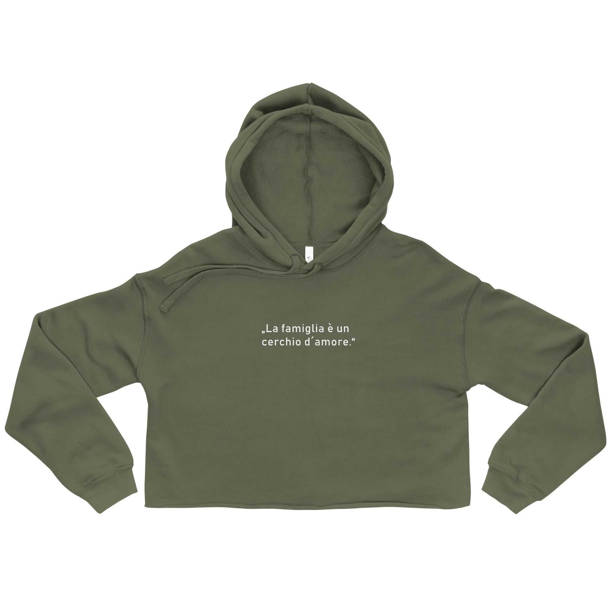 Crop-Hoodie für Damen mit offenem Saum und Kapuze, bedruckt mit dem Schriftzug „Die Familie ist ein Kreis der Liebe“. Der Hoodie hat Kordelzüge und einen modernen, sportlichen Look.