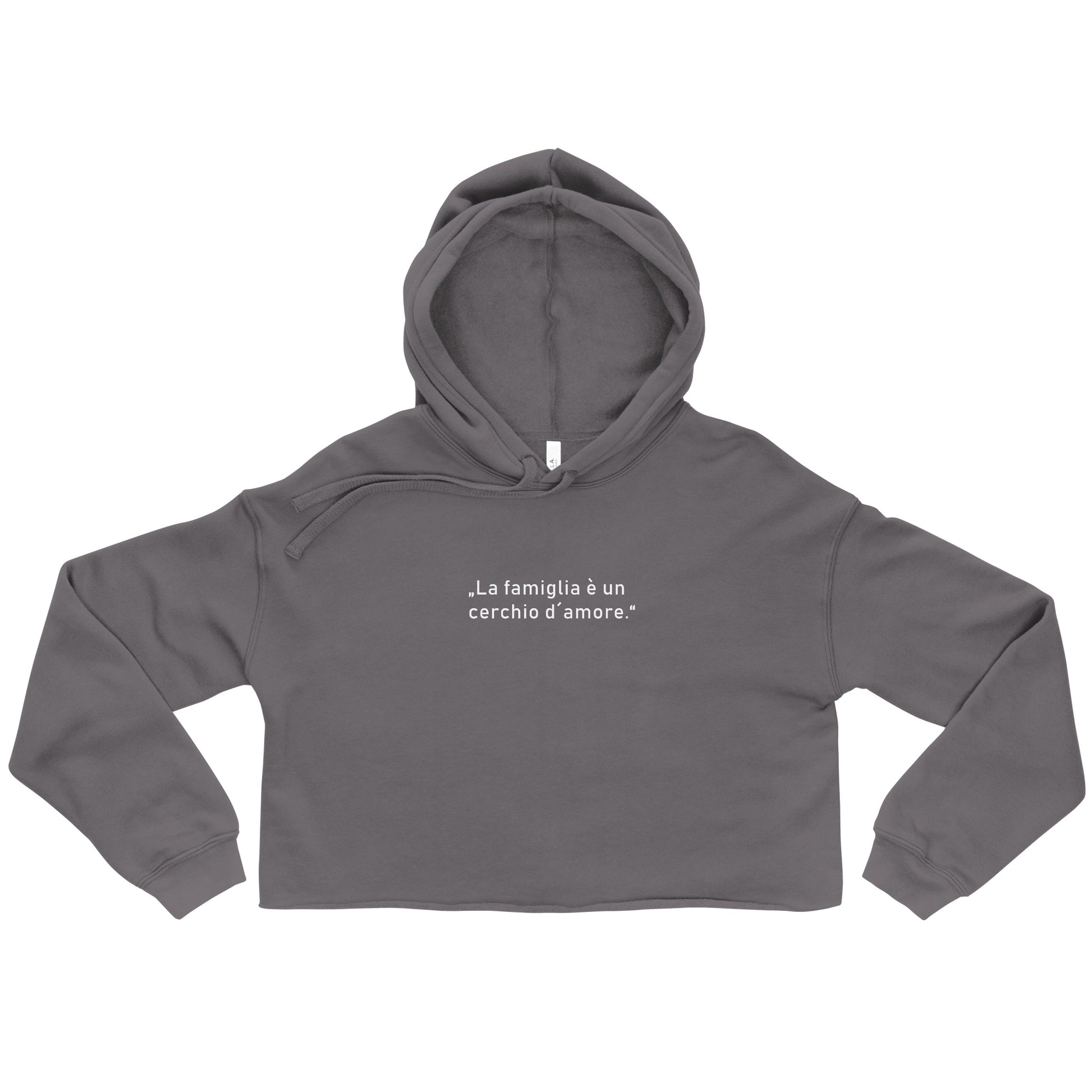 Crop-Hoodie für Damen mit offenem Saum und Kapuze, bedruckt mit dem Schriftzug „Die Familie ist ein Kreis der Liebe“. Der Hoodie hat Kordelzüge und einen modernen, sportlichen Look.