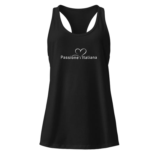 Damen-Racerback-Tanktop in Schwarz, mit weißem Schriftzug „Passione Italiana“ und weißem Herzmotiv auf der Vorderseite; figurbetonter, ärmelloser Schnitt mit sportlichem Rücken, aus leichtem Baumwoll-Polyester-Mix, erhältlich in den Größen XS bis 2XL
