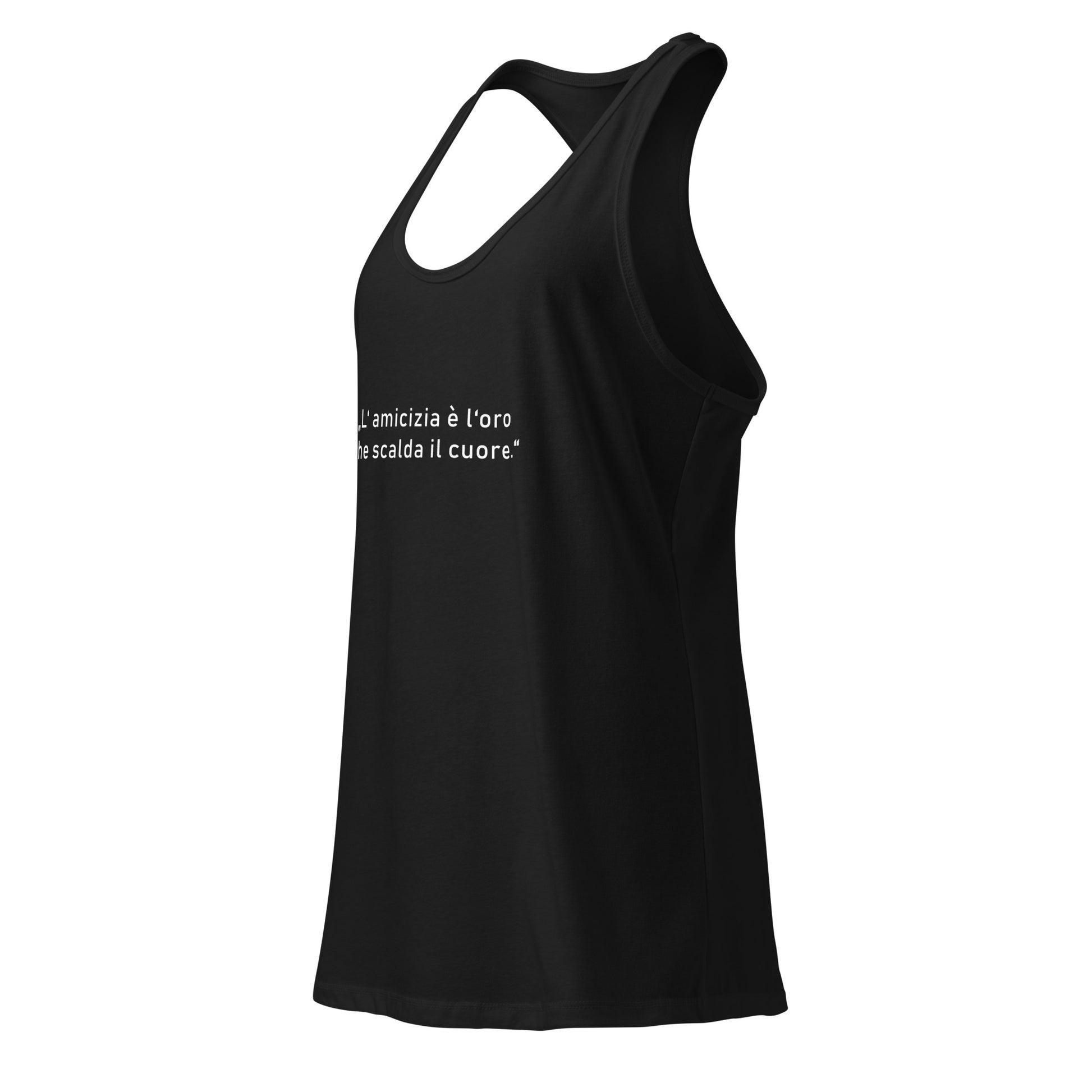Damen-Racerback-Tanktop in Schwarz mit goldfarbenem Schriftzug „Freundschaft ist das Gold, das das Herz erwärmt“ auf der Vorderseite; figurbetonter Schnitt mit sportlichem Rücken, aus leichtem, atmungsaktivem Material