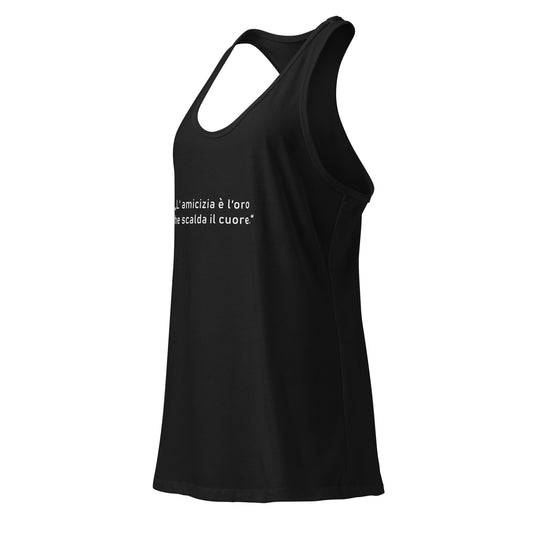 Damen-Racerback-Tanktop in Schwarz mit goldfarbenem Schriftzug „Freundschaft ist das Gold, das das Herz erwärmt“ auf der Vorderseite; figurbetonter Schnitt mit sportlichem Rücken, aus leichtem, atmungsaktivem Material