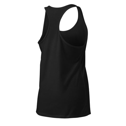 Damen-Racerback-Tanktop in Schwarz mit goldfarbenem Schriftzug „Freundschaft ist das Gold, das das Herz erwärmt“ auf der Vorderseite; figurbetonter Schnitt mit sportlichem Rücken, aus leichtem, atmungsaktivem Material